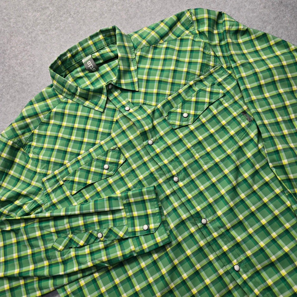 Stio Mens XL Green Plaid Long Sleeve Pearl Snap Western Technical Shirt